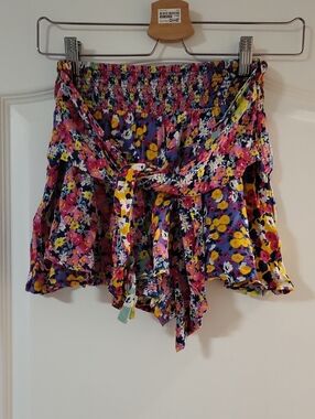 Aqua Bright Floral Smocked Waist Shorts in Pink, Blue & Yellow
